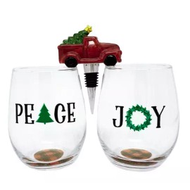 TMD Peace & Joy Set of 2 Stemless Wine Glasses with Ceramic Truck Wine Stopper