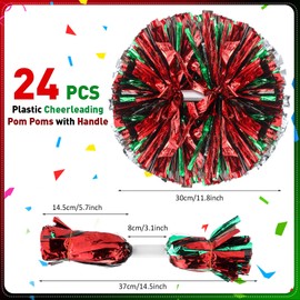 Yunsailing 24 Pack Cheerleading Pom Poms with Baton Handle 14.5 Inch Metallic Cheering Squad Pompoms for Team Sports Football Dance Cheering Adults (Red,Green and Black)
