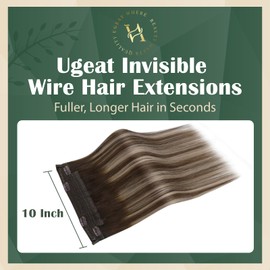 Ugeat Hair Extensions Balayage Dark Brown to Ash Blonde Human Hair Extensions Wire Invisible Hairpiece Natural Wire Extensions Secret Fish Line 12 Inch 70g