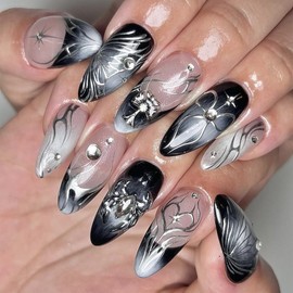 24 Pcs Pink Press on Nails Short Almond - YEFIUO Black Ombre French Fake Nails Press ons Nail Art Tip Glue on Nails with Spider Design Full Cover Artificial Acrylic False Nails Stick on Nail for Women