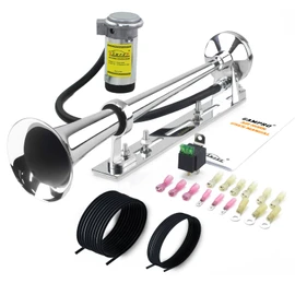 12V 150DB Air Horn with Install Mounting Bracket Kit, 18 Inches Chrome Zinc Single Trumpet Truck Air Horn with Compressor kit for Any 12V Vehicles Trucks Lorrys Trains Boats Cars (silver)