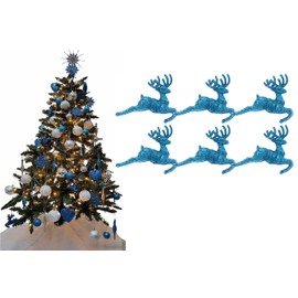 Pack of 6 - Hanging Glitter Reindeer Christmas Tree Decorations - 2.2cm x 9.5cm (Turquoise)