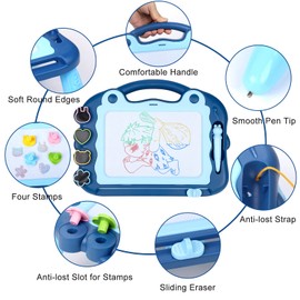 Sarsumir Magnetic Drawing Board, 30×23cm 4 Colors Doodle Scribble Board Erasable Sketch Writing Pad with 4 Stamps & Removable Legs Educational Toy for 2 3 4 5 6 Year Old Boys Girls Kids Toddlers, Blue