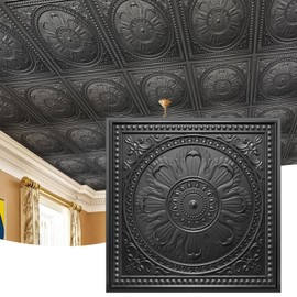 STICKGOO Drop Ceiling Tiles 24"x24", PVC Panels Plastic Ceiling Tiles Waterproof Reusable, Covers 48 Sq.Ft., Baroque Decorative Ceiling Tiles for Home & Commercial Use (Pack of 12, Black)