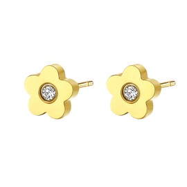 Happiness Boutique Women's Flower Stud Earrings, Small Flower Earrings Made of Stainless Steel in Gold, Rose Gold, Silver, Children's Earrings with Zirconia Stone, Hypoallergenic, Yellow Gold Cubic