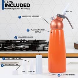 ICO Professional Aluminum Whipped Cream Dispenser for Homemade Whipping Cream, Whipped Cream Maker for Desserts, Dips, Sauces, and Infused Liquors, Orange, 1-Pint