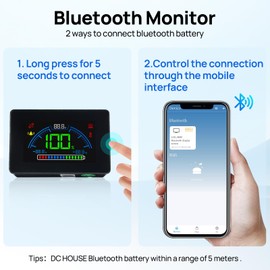 DC HOUSE Bluetooth Battery Capacity Monitor 12V-48V Multifunctional LCD Meter With Voltage and Temperature Sensor Alarm (8-90V)