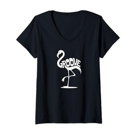 Womens Groove Flamingo Word Art - Dance, Retro & Beach Vibes Design V-Neck T-Shirt