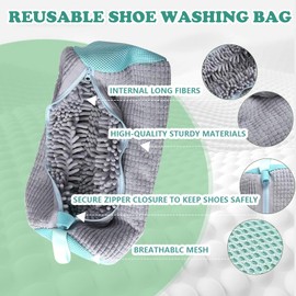 Pack of 2 Shoe Bags Washing Machine, Shoe Wash Bag, Large Reusable Laundry Net Shoes with 360° Cleaning Fluff, Shoe Bag Washing Machine for Washing Machine, Dryer, All Shoe Types and Sizes
