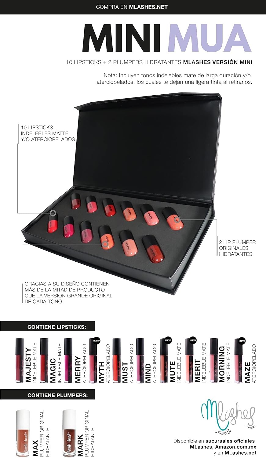 Mlashes  Kit Mini Lipsticks Mlashes lápiz labial  Kit de Lipsticks lápiz labial y plumpers MINI (MINI MUA)
