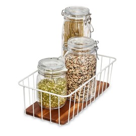 iDesign The Ría Safford Collection Wire Basket with Acacia Wood, 16" x 8" x 5"