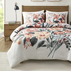 Madison Park Queen Duvet Cover Set, Floral Duvet Cover for Queen Size Bed Natural & Soft Cotton, Modern Shabby Chic All Season Queen Bedding Cover, Shams, Dahlia, Full/Queen, Peach/Off-White 3 Piece