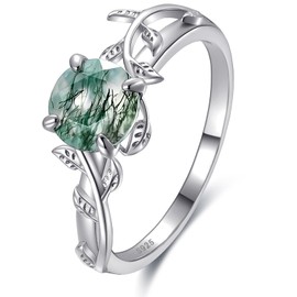 Bonlavie Moss Agate Engagement Rings for Women 925 Sterling Silver Wedding Band With Natural Gemstone Vine Leaf Design Size S
