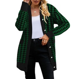 2024 Fall Casual Long Cardigan for Women Houndstooth Long Sleeve Open Front Button Down V Neck Cardigans Sweater Dress Green S