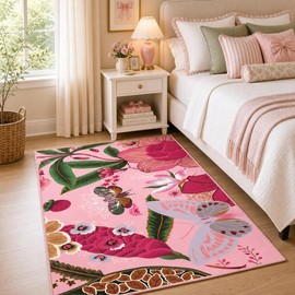 Pink Boho Floral 3x5 Washable Area Rug Flat Woven Ultra Thin Low Pile Coquette Cute Rug Non Slip Indoor Botanical Butterfly Rug for Living Room, Bedroom, Entryway, Nursery, Dorm