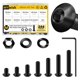 Mywish 244Pcs M5 Screw Metric Screw Assortment, Grade 10.9 Alloy Steel Hex Socket Button Head, Metric Bolt Assortment, Flat & Spring Lock Washers/Nuts/Hex Wrenche, Black Oxide