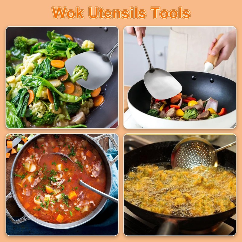 FJNATINH 6-Pieces 304 Stainless Steel Wok Spatula Set,Cooking Utensil Set,Soup