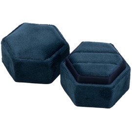 POKOFO Vintage Hexagon Velvet Bearer Box Double Ring with Detachable Lid (Dark Blue)