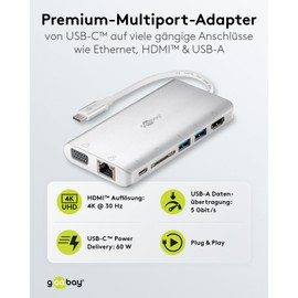 Goobay 49850 USB C Hub Multiport Splitter 9 Ports HDMI/VGA/USB C PD / 2x USB 3.0 / RJ45 / 3.5 mm Audio/SD & microSD Card Reader/Aluminium