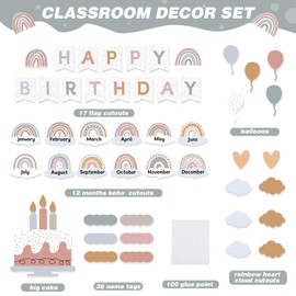 Nezyo 80 Pcs Boho Dot Happy Birthday Bulletin Board Set, Morandi Pastel Rainbow Birthday Chart for Classroom, Boho Calendar Wall Cutouts for School Bulletin Board Decoration(Morandi Colors)