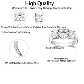 DovEggs Moissanite Wedding Band Moissanite Engagement Rings for Women 3-Stone 2ct Total GH Color Cut Moissanite Lab Created Diamond Anniversary 14k Gold QUALITY Sterling Silver Ring(6.5)