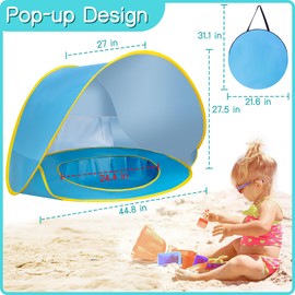Baby Beach Tent with Puddle Pool Canopy Mini Portable Pop Up Dome Camping Set Up Outdoor Shade Shelter Sun Shade Must Haves Essentials Accessories Uv Protection Dome for Babies Kids Infant Toddlers