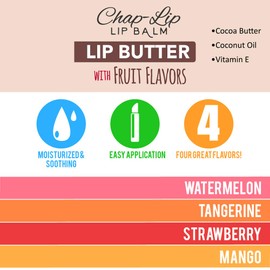 CHAP-LIP Lip Butter Lip Balm with Fruit Flavors, Cocoa Butter, Coconut Oil. Moisturizing Vitamin E & Total Hydration Treatment & Soothing Lip Therapy Made in USA (24 Ct. Pack of 1)