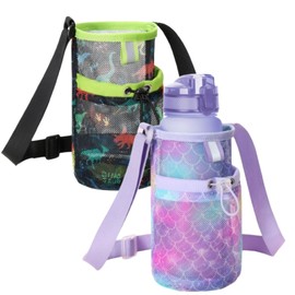 BrainyBees 2 Pack Mesh Water Bottle Carrier for Boys and Girls - Kids Water Bottle Sling Bag, Walking Hiking Camping Trip Essetial, Black Dinosaur & Purple Mermaid Scale