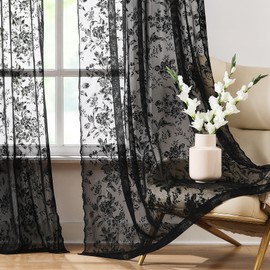 Black Lace Curtains for Living-Room 84 inch Length, Fine Rose and Leaf Embroidered Light Filtering French Country Curtains for Bedroom, Vintage Delicate Floral Sheer Window Drapes 52" w Rod Pocket