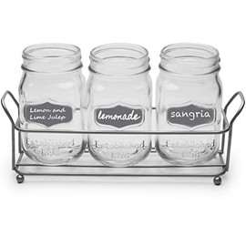 Circleware Trio Grand Mason Jar Glasses with Metal Holder Stand, Set of 4 Home & Kitchen Farmhouse Decor Beverage Drink Tumblers for Water, Beer and Juice, 17 oz, Silver
