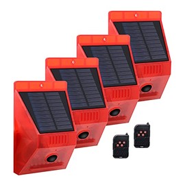 Solar Strobe Light with Remote Controller Motion Detector Outdoor Alarm Light 129db Sound Security Siren Light IP65 Waterproof Protected for Your Home,Villa,Baren,Farm,Yard,4 Pack