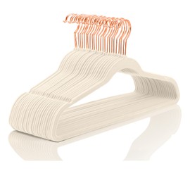 MIZGI Premium Velvet Hangers (60 Pack) Heavy Duty - Non Slip Felt Hangers - Velvet Suit Hanger Ivory - Rose Gold Hooks,Space Saving Clothes Hanger