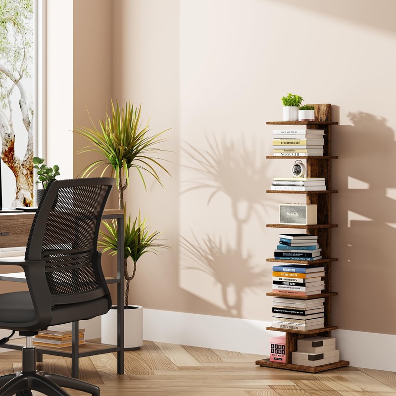 TUTOTAK Narrow Bookshelf, 8-Tier Bookcase, Spine Book Shelf for Small