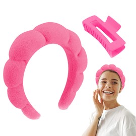 ZEPHRA Spa Headband & Claw Clip Set –Non-Slip Puffy Makeup Headband for Washing Face, Soft Absorbent Terry Cloth Bubble Skincare Hairband with 1 Hair Claw for Beauty Routine (Hot Pink)