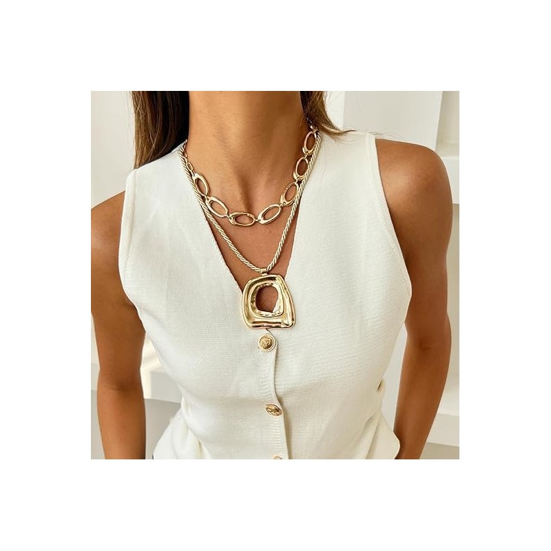 DIONFEI Fashionable Layered Gold Chain Pendant Necklace - Beige Rope