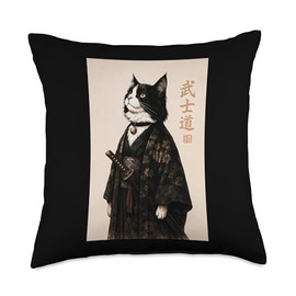 Graphic Tees Men Samurai Cat Vintage Japanese Art Cat Throw Pillow
