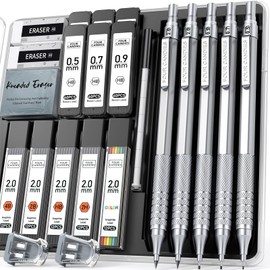 Four Candies Metal Mechanical Pencils Set 0.5mm, 0.7mm, 0.9mm, 1 Each & 2 2 mm 420 Lead (4B, 2B, HB, 2H, Color) Art Drafting Sketch Stationery Set Silver