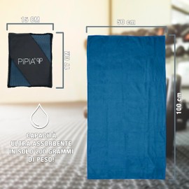 PIPIA' Gym Towel 50 x 100 cm Blue | Ultra Light and Absorbent Microfibre Towel | Gym Towels for Travel Yoga and Bath | Men's and Women's Gym Towel with Hook and Bag