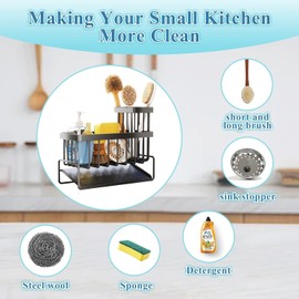 Kitchen Sink Caddy Organizer – Rustproof Countertop Sponge Holder with Drain Tray for Brushes, Soap Dispenser, Sponges & Cleaning Supplies