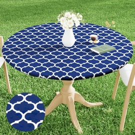 Smiry Round Picnic Tablecloth, Waterproof Elastic Fitted Table Covers for 31" - 35" Tables, Wipeable Flannel Backed Vinyl Tablecloths for Camping, Indoor, Outdoor, Navy & White