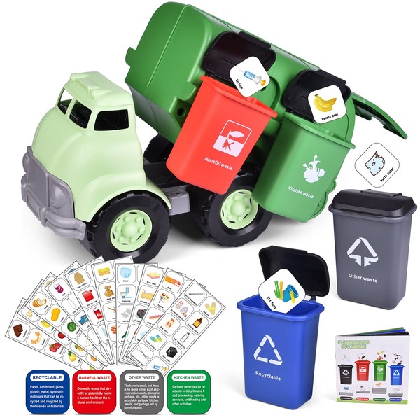 FUN LITTLE TOYS Garbage Truck Toy with 4 Rear Loader Trash Cans and Garbage Illustrated Flash Cards, Waste Management Recycling Truck Toy for Kids