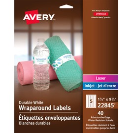 Avery Water Resistant Durable Wraparound Labels, 9.75” X 1.25” Labels for Bottles and Container Seals, 40 Labels, Permanent, White Labels (22845)