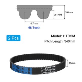 sourcing map 2pcs HTD-5M Rubber Timing Belt 68 Teeth, 340mm Pitch Length x 15mm Width x 3.6mm Height, Closed Loop Pulley Timing Belt