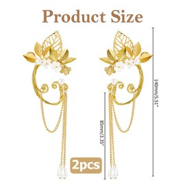 Hobbspring 2pcs Alloy Leaf Cuff Earrings Golden Elf Ear Cuffs Fairy Leaf Elf Earrings with Tassel Pearl Dangles for Women Fantasy Cosplay Wedding Costume Gifts Accessories
