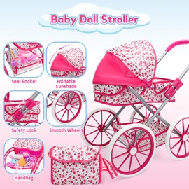 deAO Baby Doll Stroller Set High Chair Travel Diaper Bag with 12 inch Baby Doll Accessories Pretend Play Toys with Foldable Stroller 2 Sets Doll Clothes Birthday Gift for Girls Boys Toddler Kids