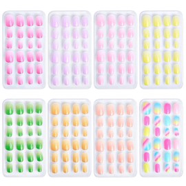 Pack of 192 Children's Short Shiny Press On Nails, Gradient False Nails for Children with Nail Glue - 8 Styles Acrylic Nails Art Tip for Square Full Cover Fake Nails for Girls (BuntC)