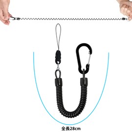 YuanVQuanWee Spring Key Chain, Curly Cord Strap, Coil Strap, Carabiner Hook, Fall Prevention, Lost Prevention, One-Touch Strap Strap, Total Length 11.0 inches (28 cm), Black, Set of 2