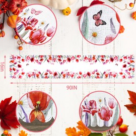 SHANGRLA Spring Floral Table Runner with Red Tulip and Butterfly Design – Elegant Spring and Summer Table Décor, Scalloped Edges for Dining and Coffee Table Centerpiece Decoration – 90 Inches Long