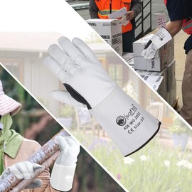 SAFTA Spark and Heat Proof Gloves, Sheep leather Palm & Top with Cow Split Leather Cuff, AZO free Ideal TIG Welding Gloves, Perfect for Gardening, Soldering, Metal Handling. (Size 10, White Black)