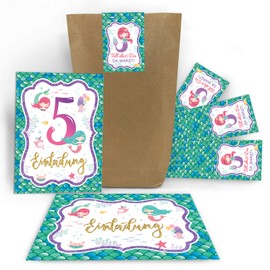 Junaversum 12 Invitations for 5th Children's Birthday Girls Mermaid Invitations with 12 Envelopes, 12 Bags / Natural, 12 Stickers